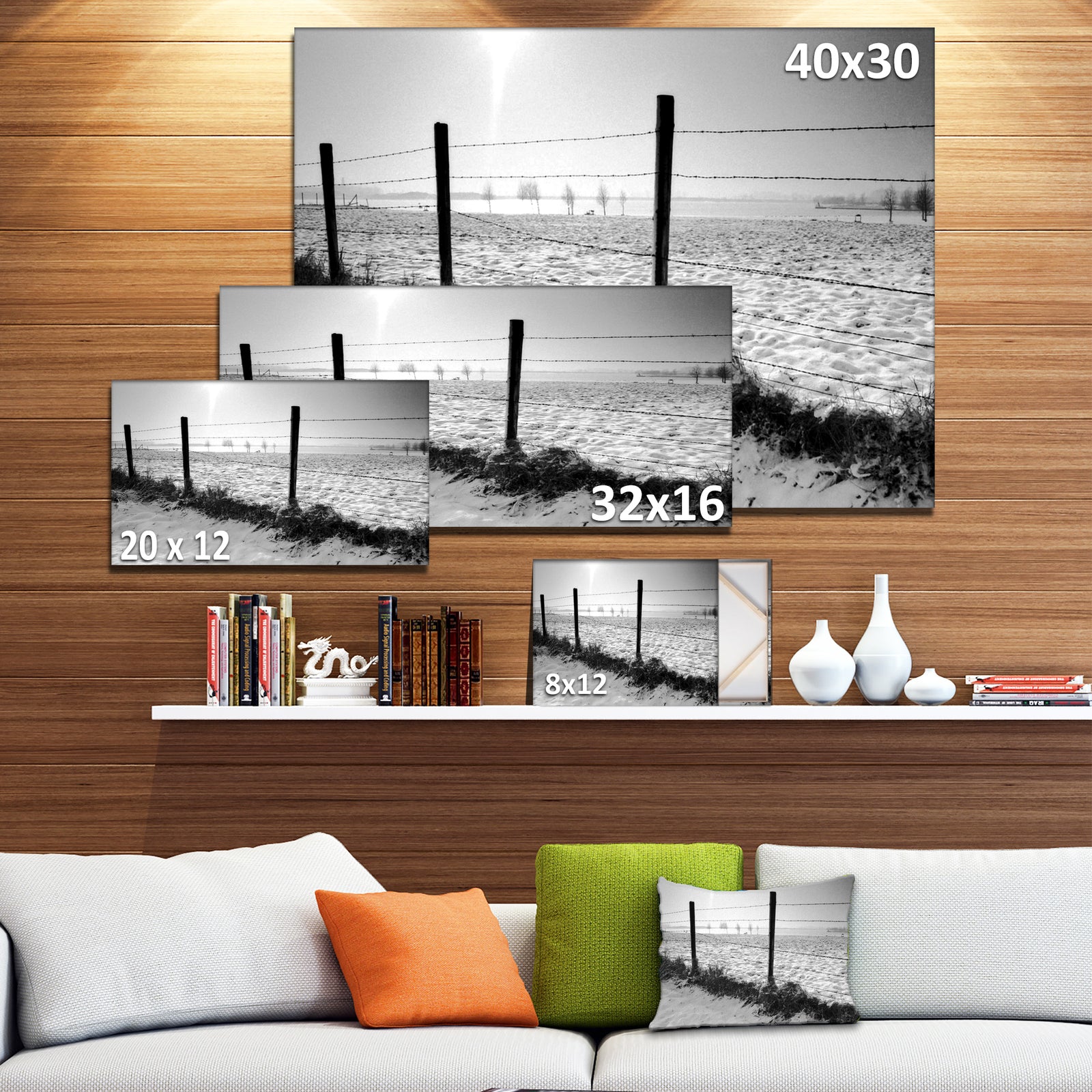 Landscape in Snow with Fence - Oversized Beach Canvas Artwork