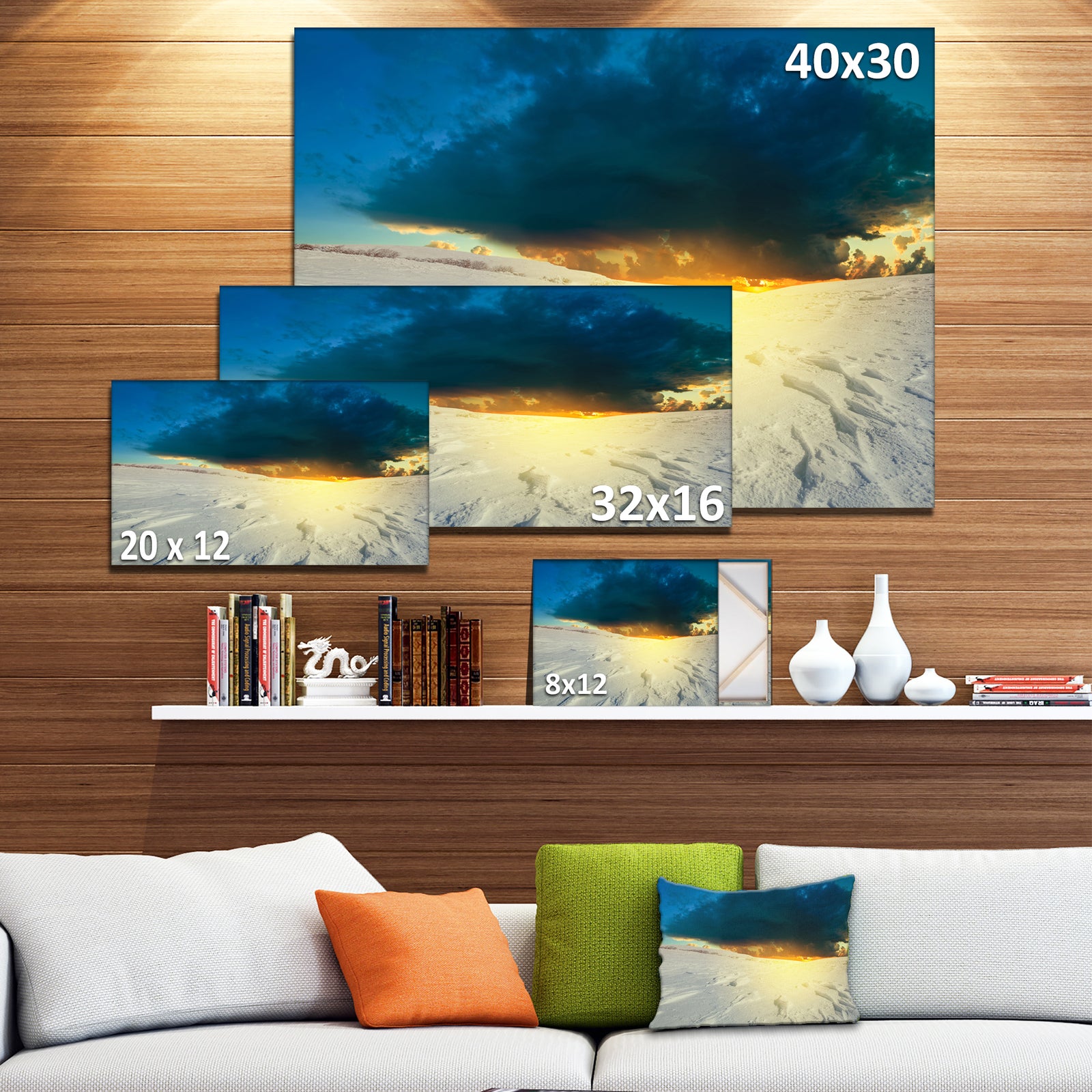 Sunset over Snowbound Prairie - Extra Large Seashore Canvas Art