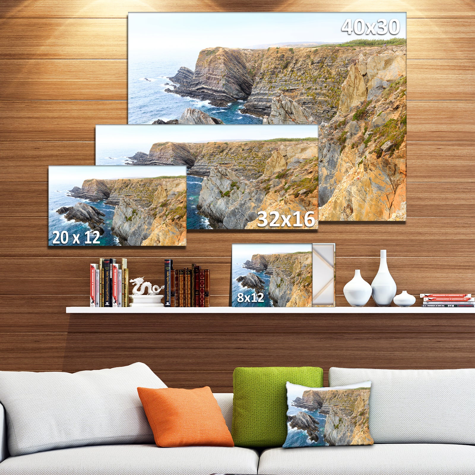 Blue Rocky Bay Portugal Panorama - Extra Large Seashore Canvas Art