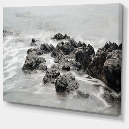 Black and White Rocky Coastline - Extra Large Seashore Canvas Art
