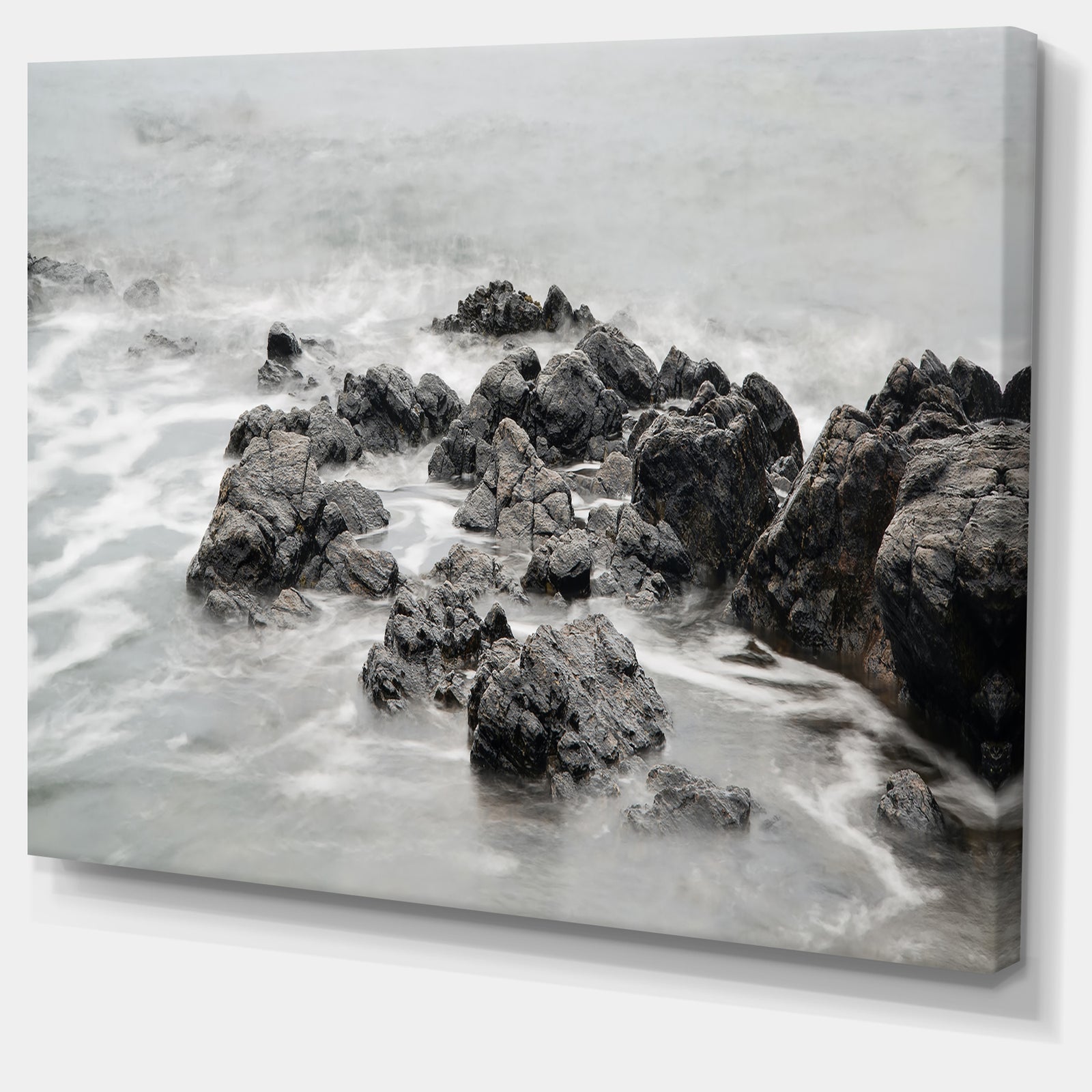 Black and White Rocky Coastline - Extra Large Seashore Canvas Art