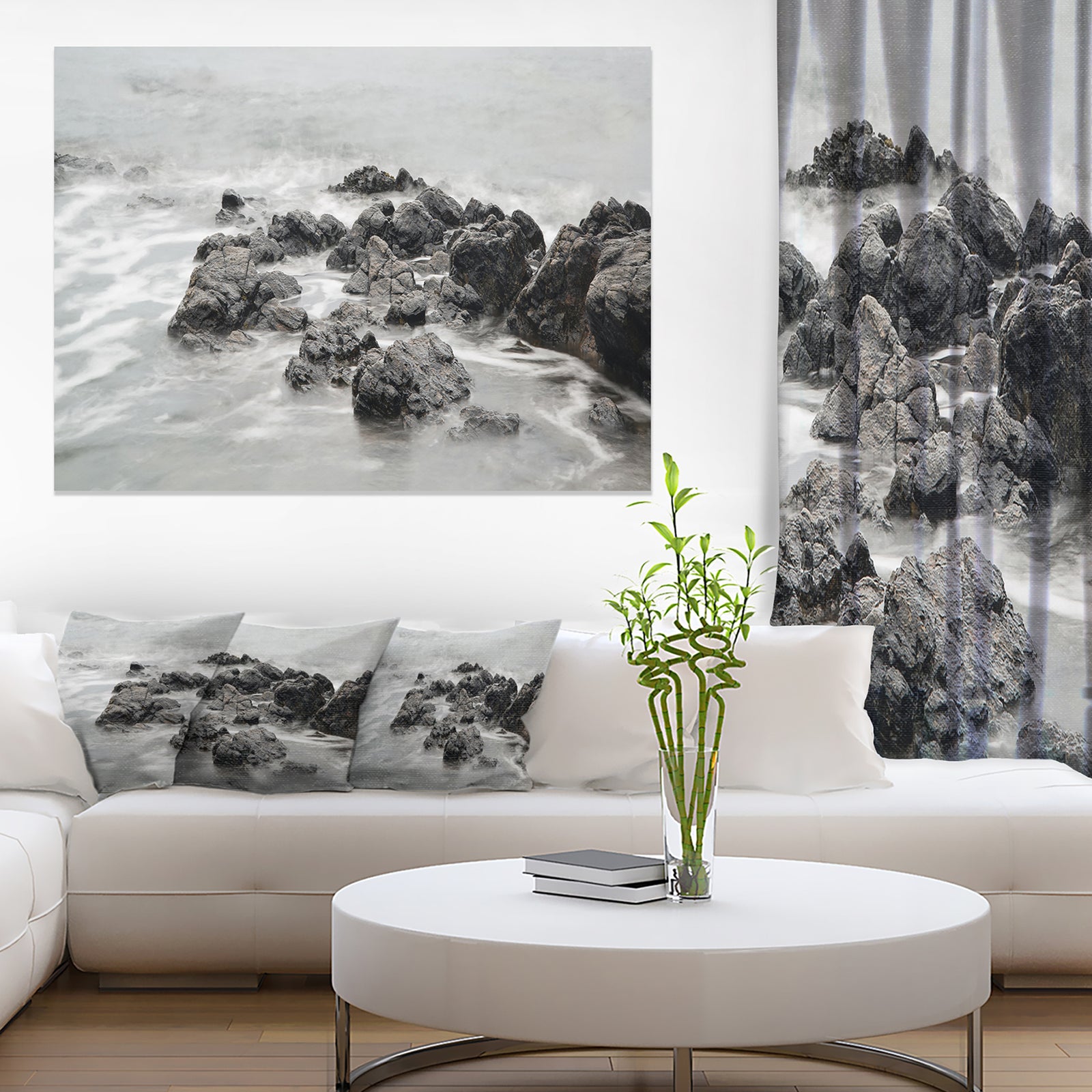 Black and White Rocky Coastline - Extra Large Seashore Canvas Art