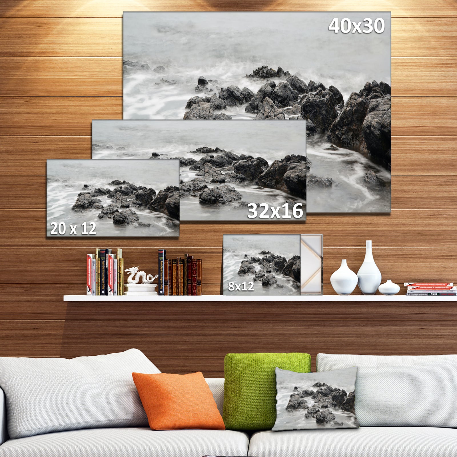 Black and White Rocky Coastline - Extra Large Seashore Canvas Art