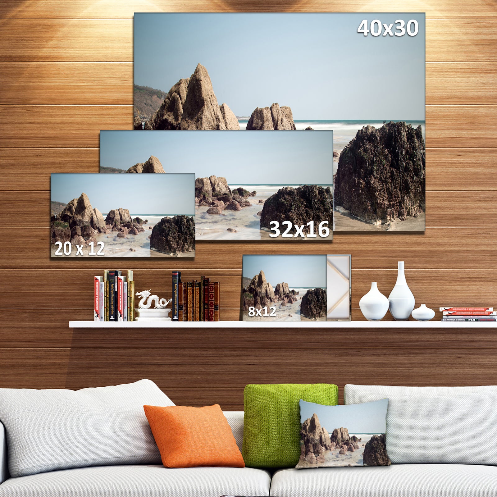 Large Rocks at Coast Panorama - Extra Large Seashore Canvas Art