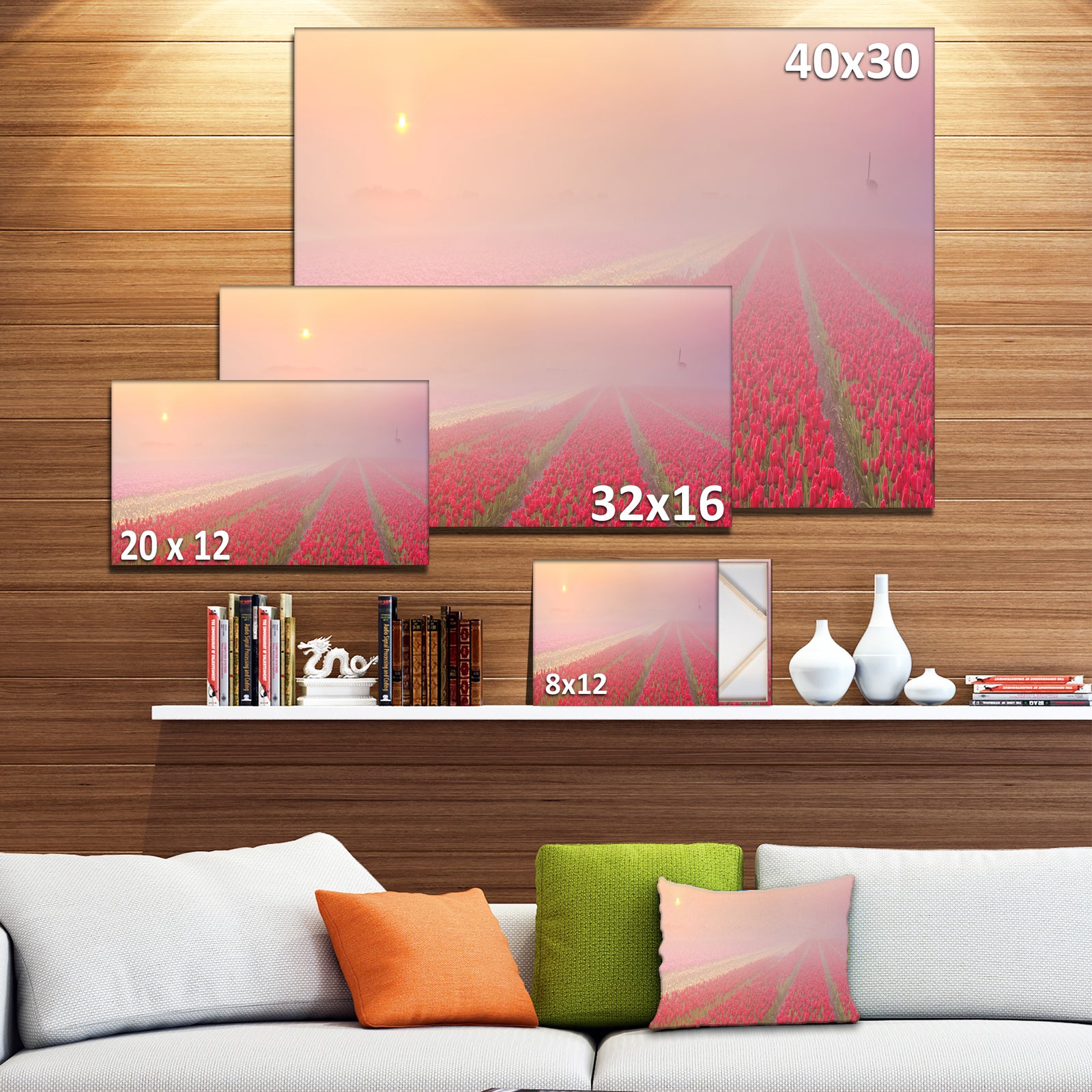 Sunrise over Rows of Tulips - Landscape Wall Art Canvas Print
