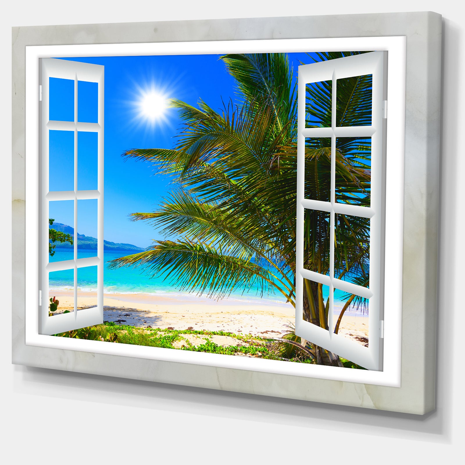 Window Open to Beach with Palm - Extra Large Seashore Canvas Art