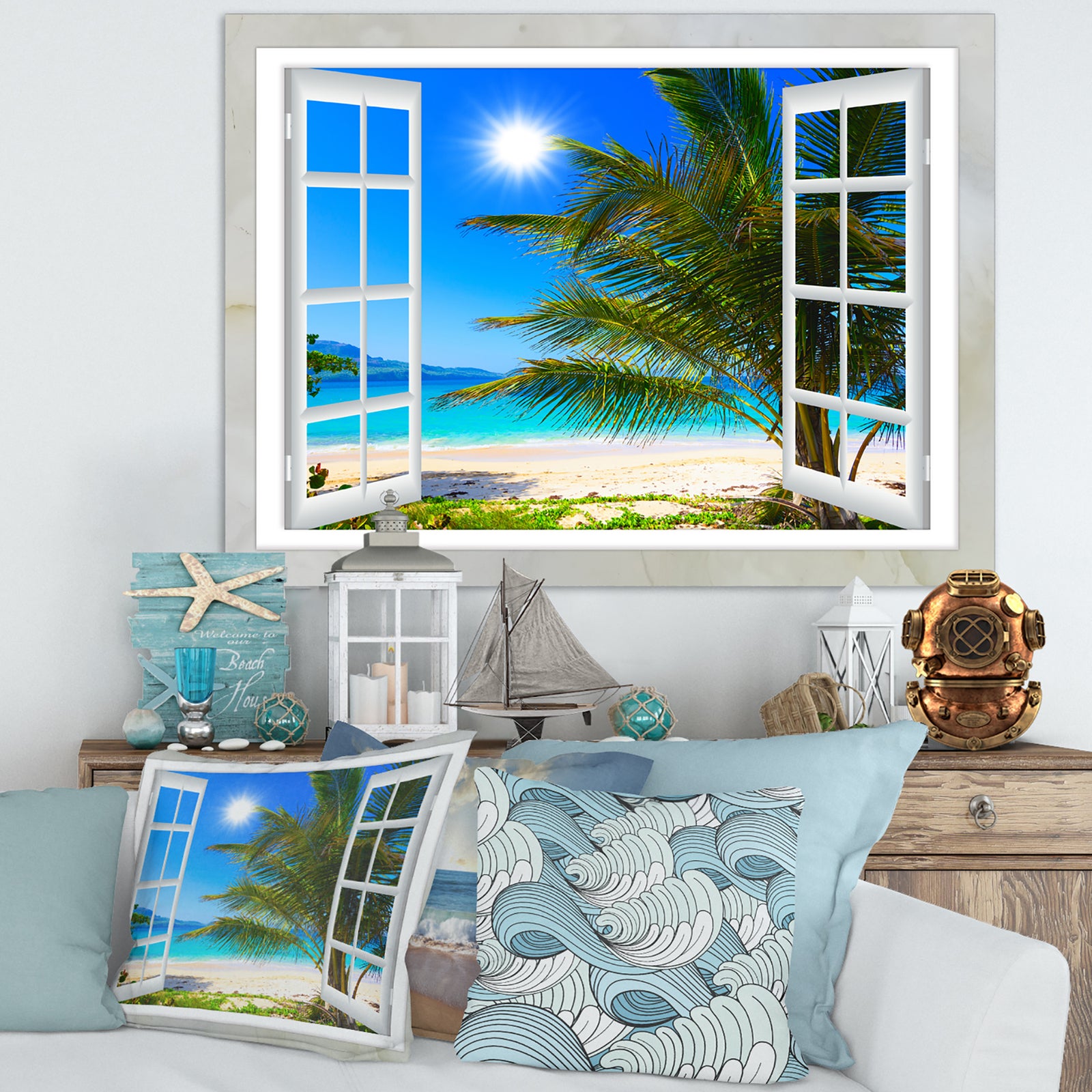 Window Open to Beach with Palm - Extra Large Seashore Canvas Art