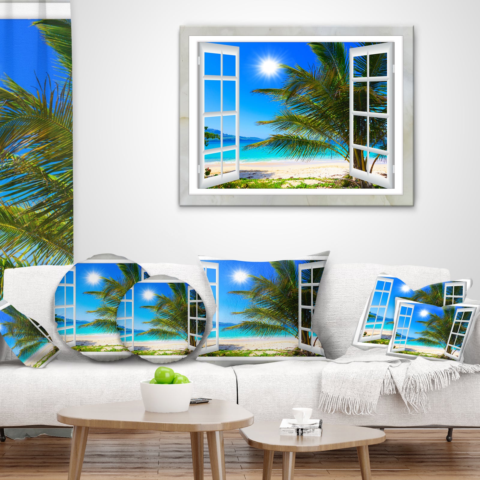 Window Open to Beach with Palm - Extra Large Seashore Canvas Art