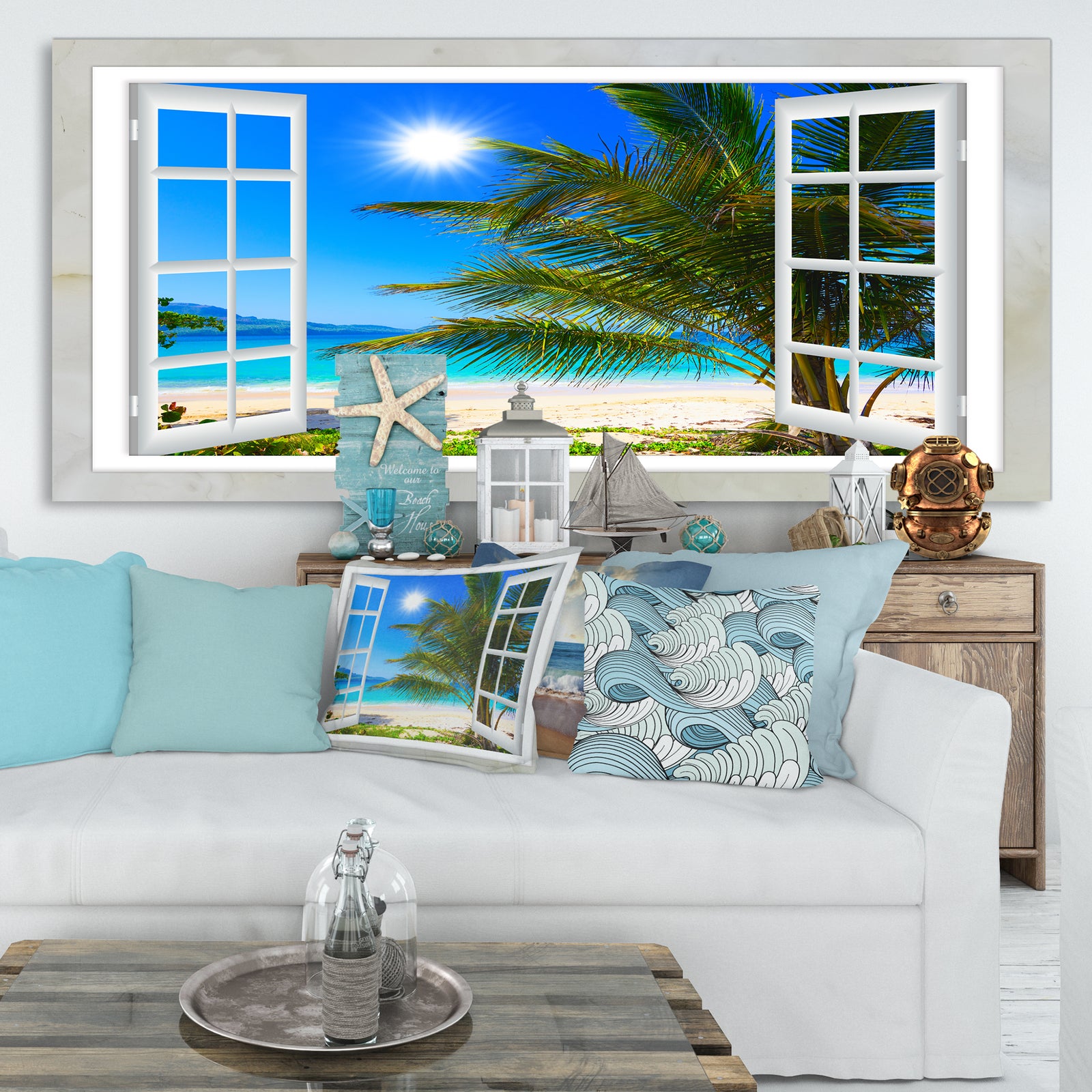 Window Open to Beach with Palm - Extra Large Seashore Canvas Art