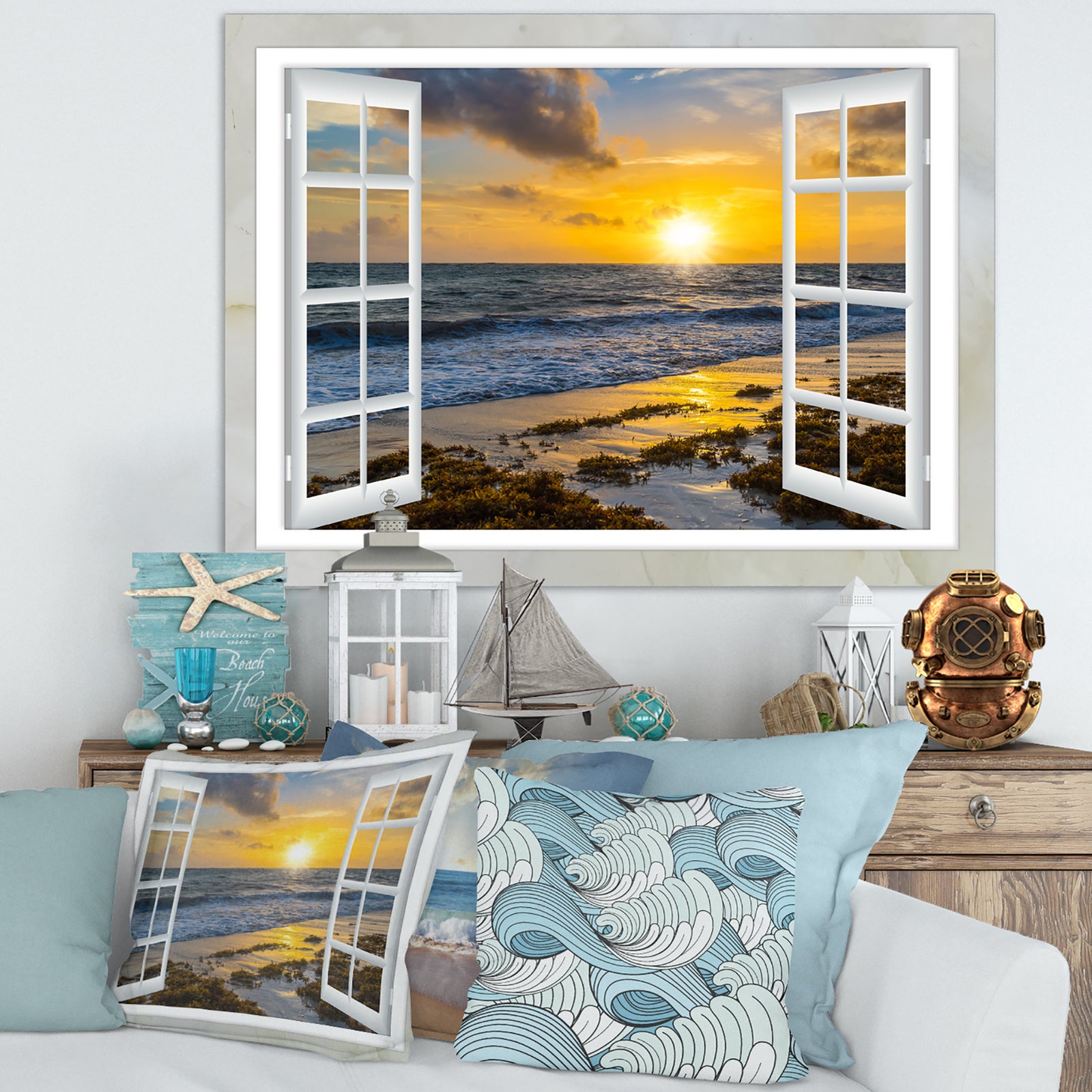 Open Window to Bright Yellow Sunset - Modern Seascape Canvas Artwork
