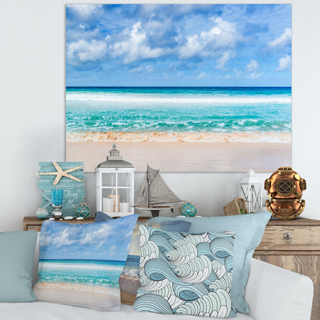 Tranquil Beach under White Clouds - Modern Seascape Canvas Artwork