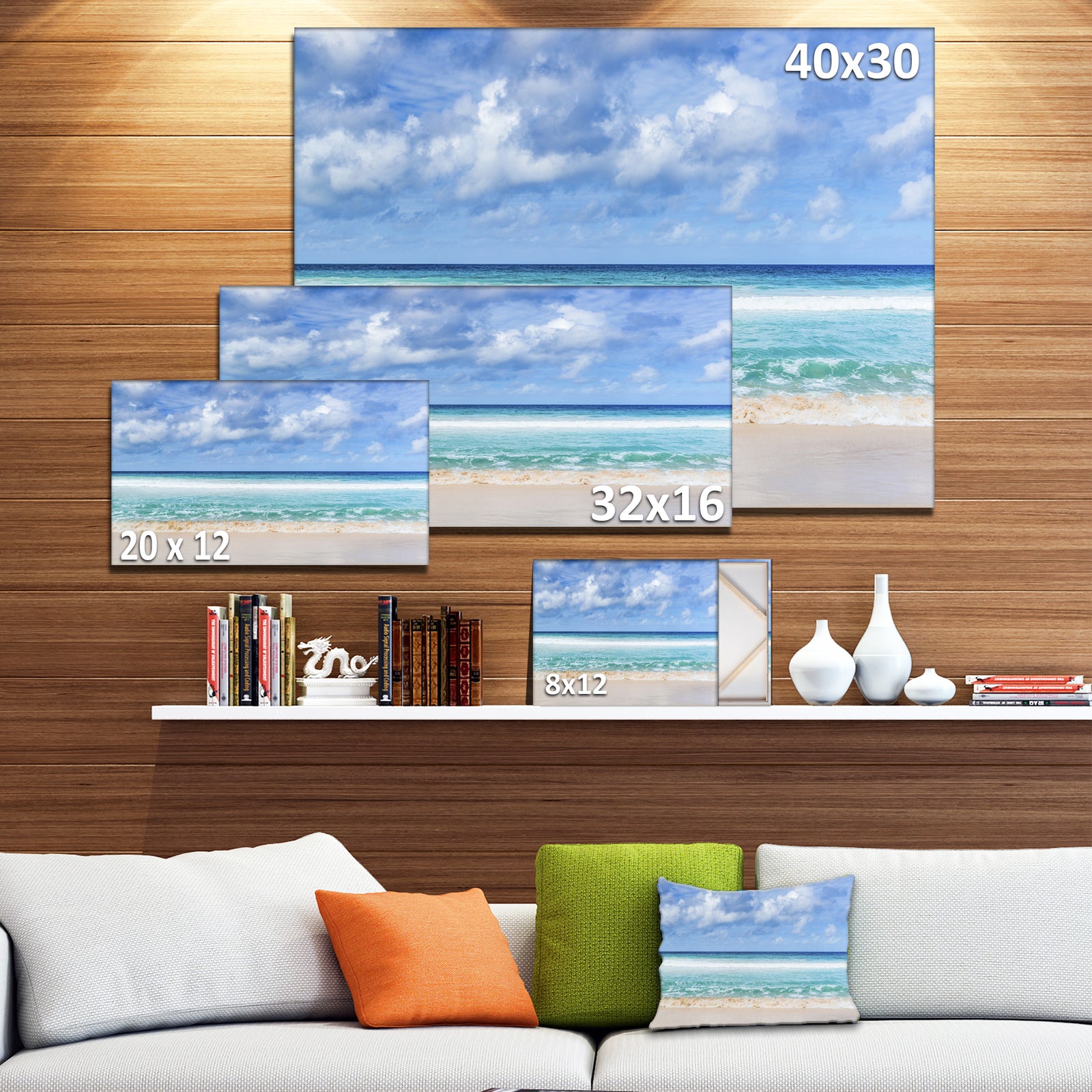 Tranquil Beach under White Clouds - Modern Seascape Canvas Artwork