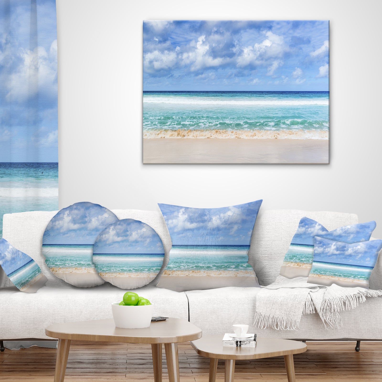 Tranquil Beach under White Clouds - Modern Seascape Canvas Artwork