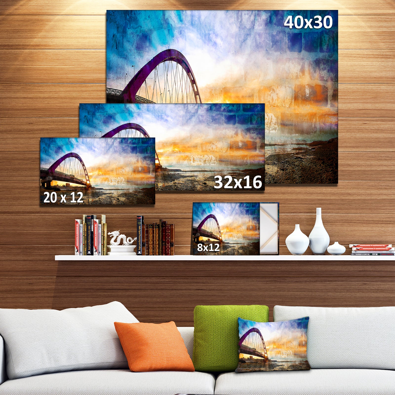 Color Red Bridge Sunset Taiwan - Modern Seascape Canvas Artwork