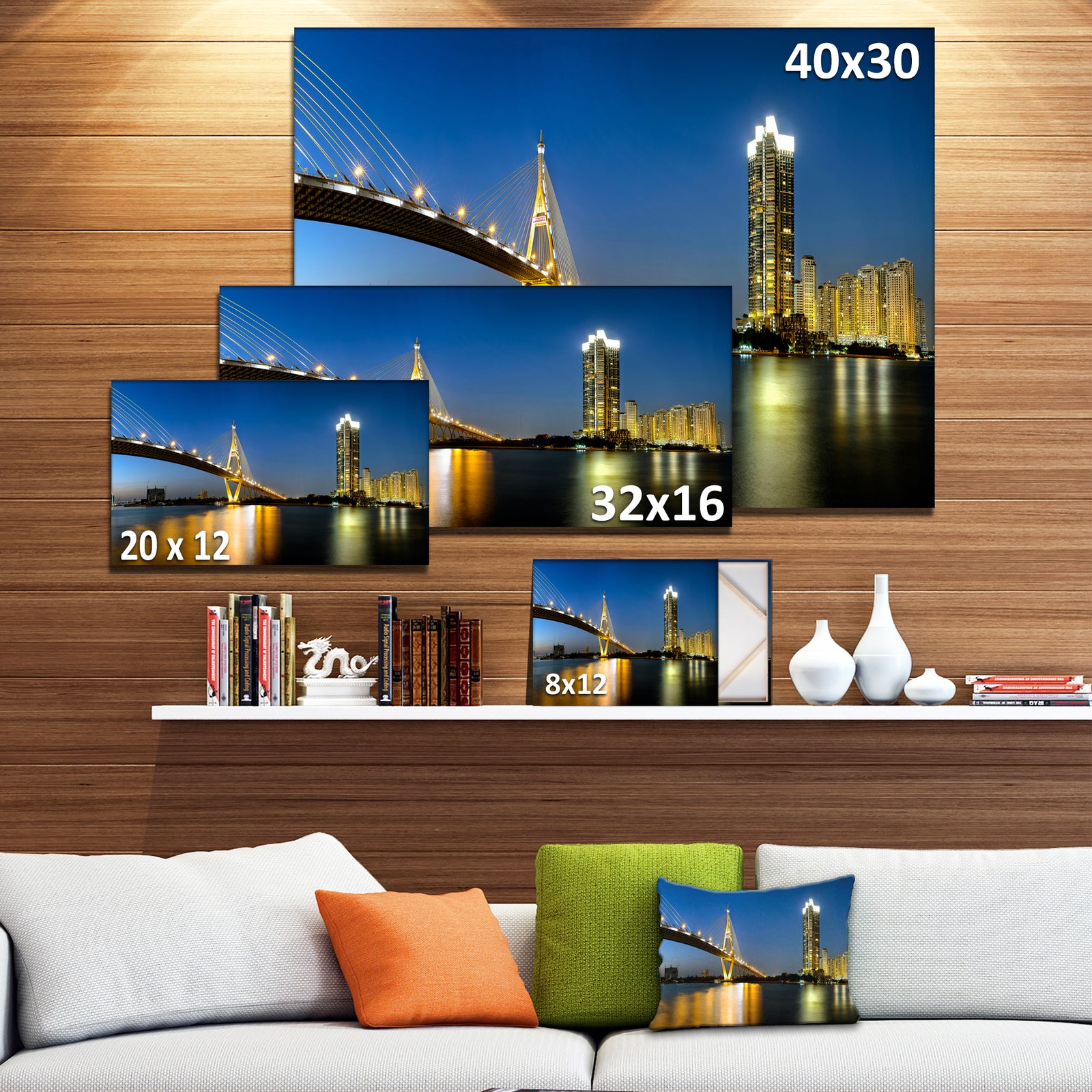 Lit-up Bhumibol Bridge at Dusk - Cityscape Artwork Canvas
