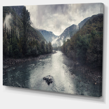 Mountain River with Fog and Rain - Modern Seascape Canvas Artwork