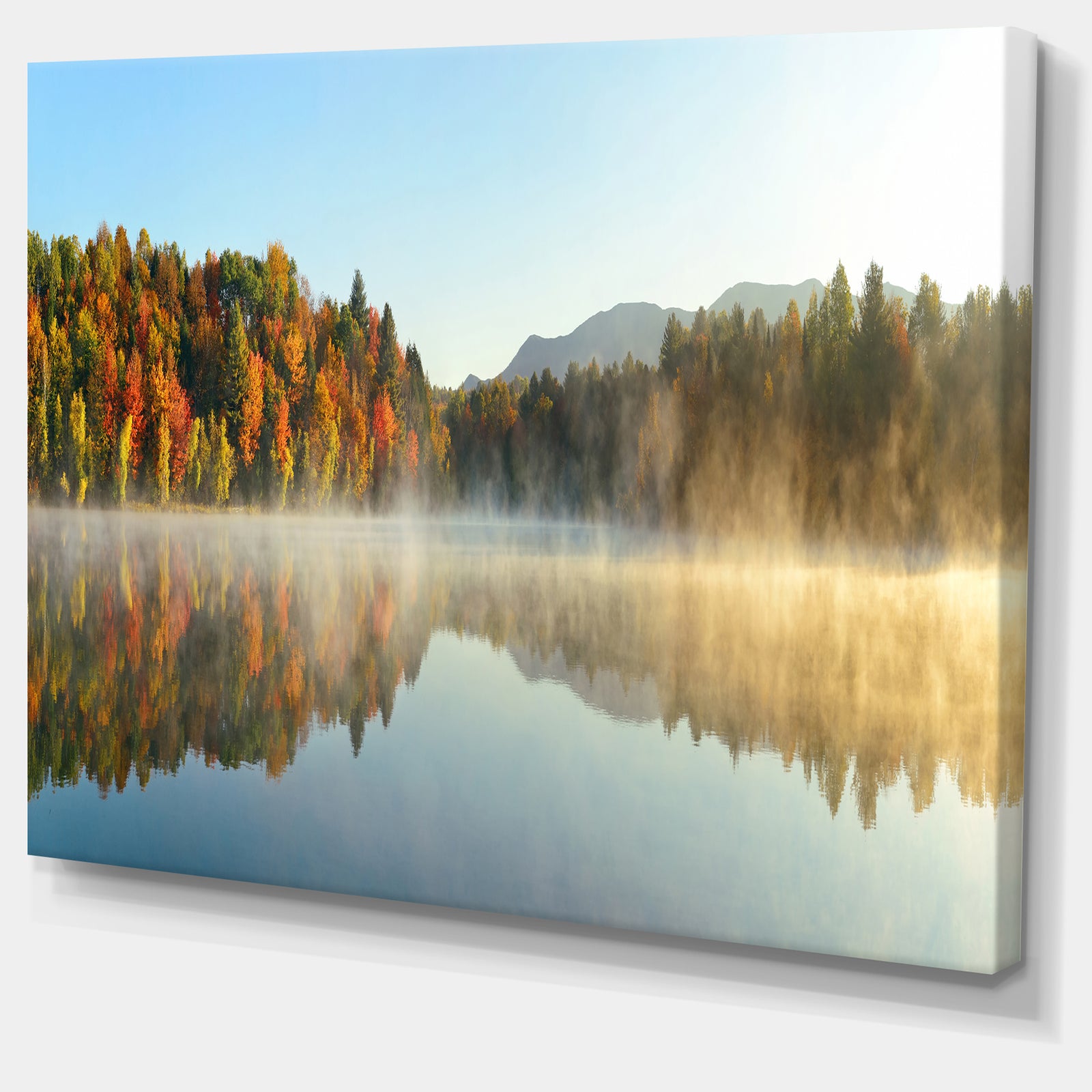 Lake Autumn Foliage Fog Panorama - Modern Seascape Canvas Artwork