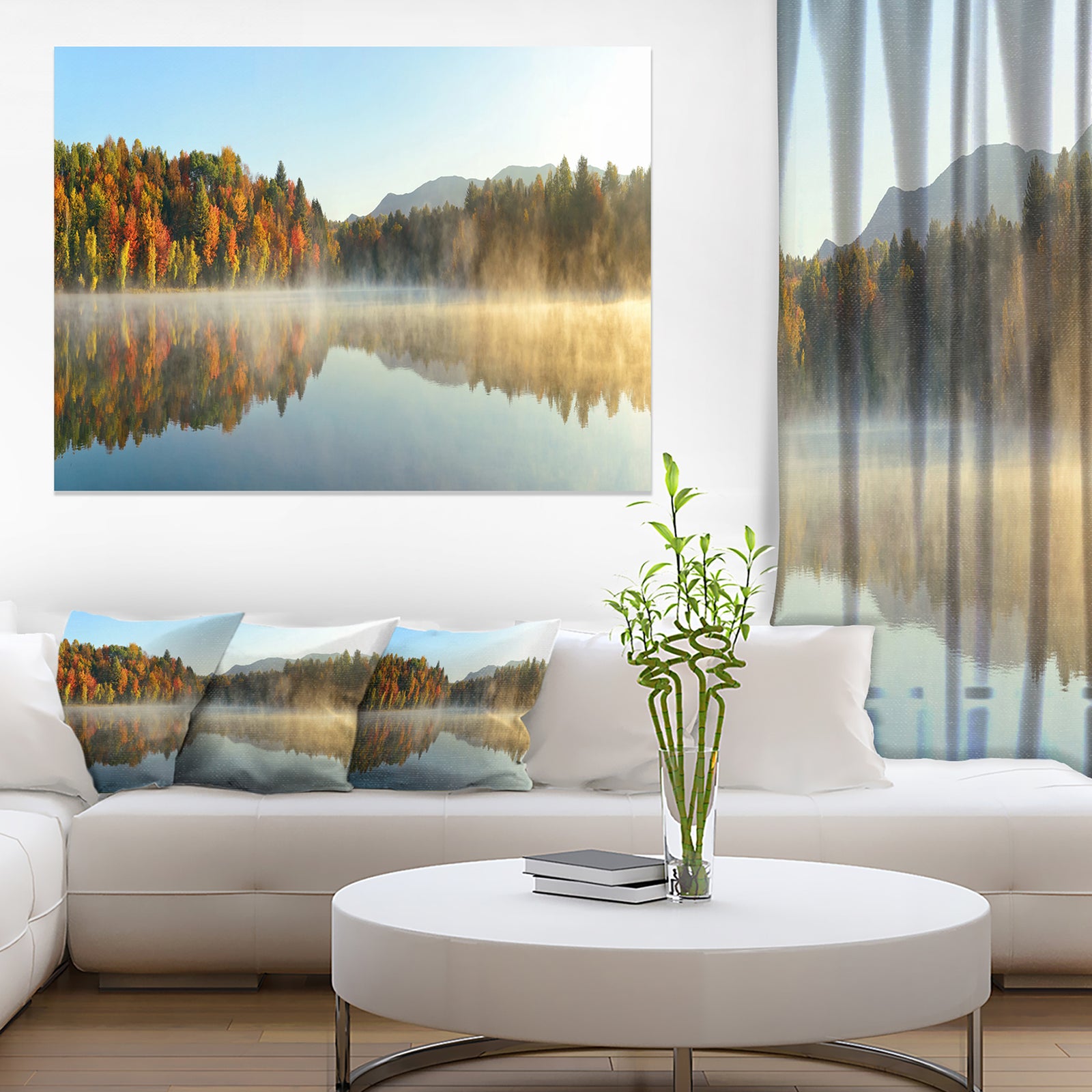 Lake Autumn Foliage Fog Panorama - Modern Seascape Canvas Artwork