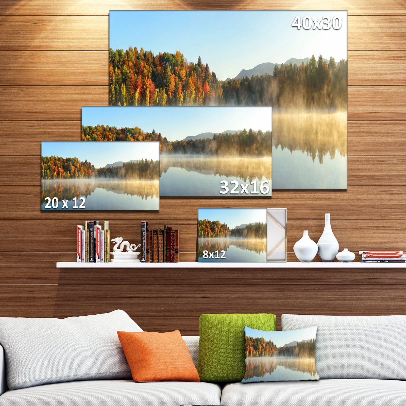 Lake Autumn Foliage Fog Panorama - Modern Seascape Canvas Artwork