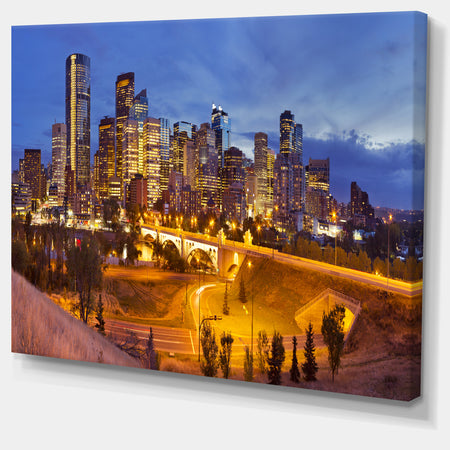 Skyline of Calgary at Night Panorama - Modern Cityscape Canvas Wall Art