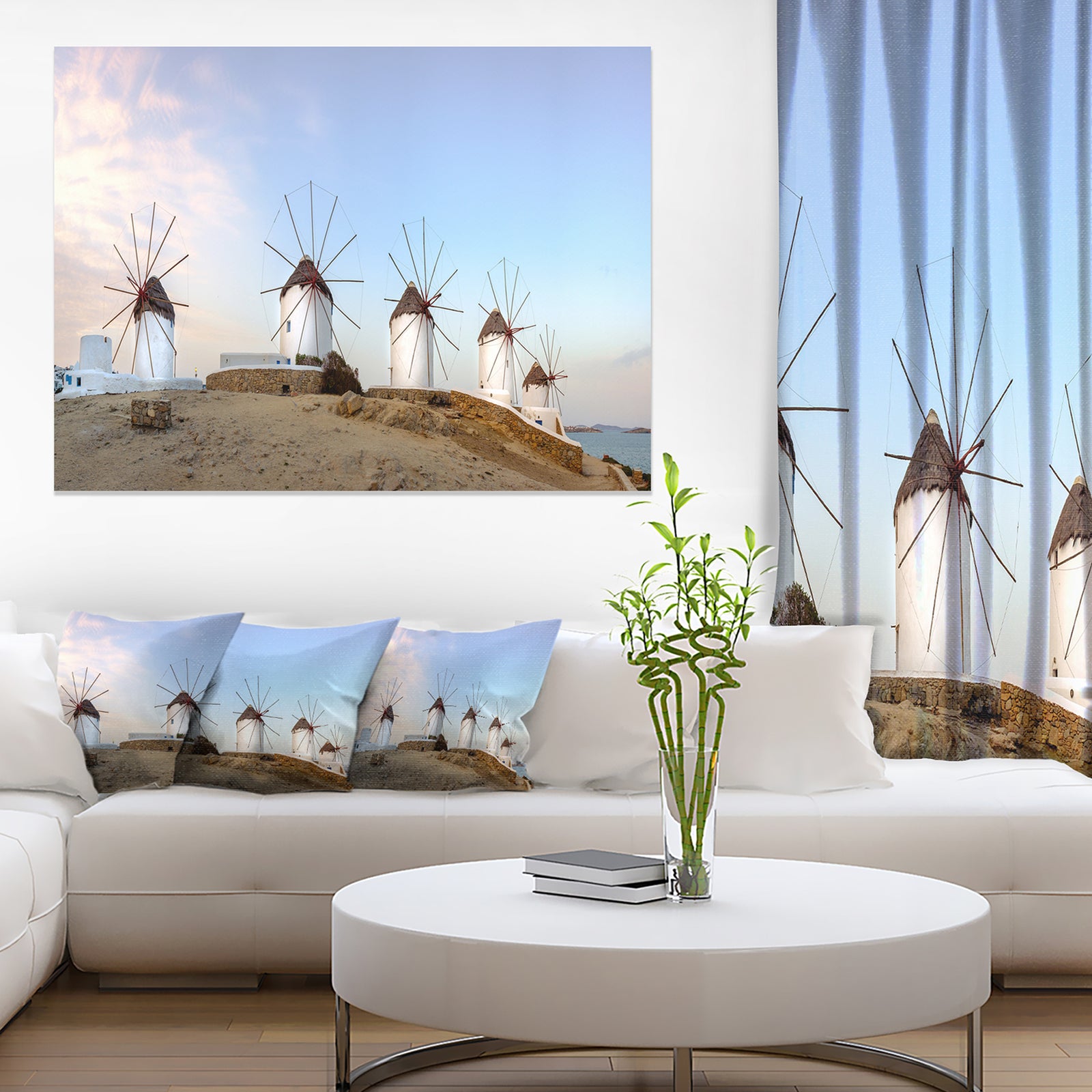 Traditional Greek Windmills Panorama - Landscape Art Canvas Print