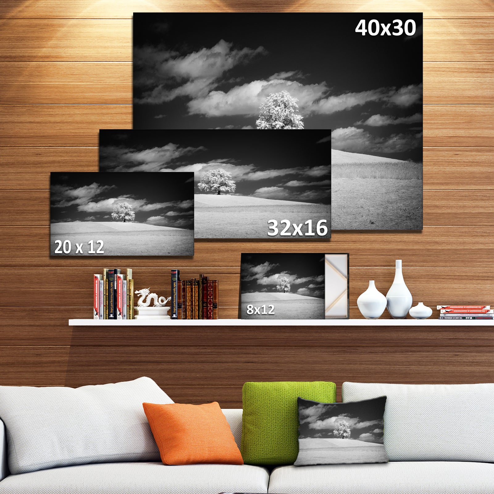 Lonely Tree on Meadow Black White - Landscape Artwork Canvas