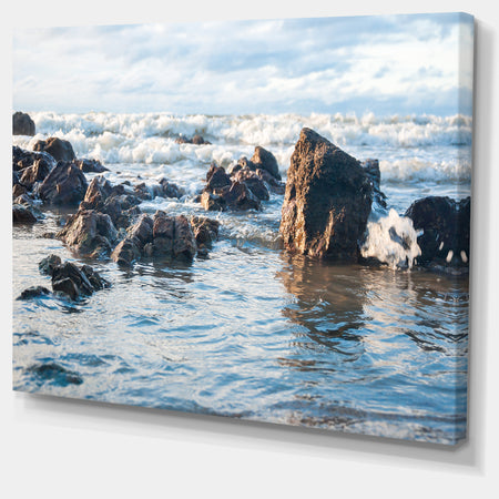 Sea Foam in Empty Rocky Seaside - Large Seascape Art Canvas Print