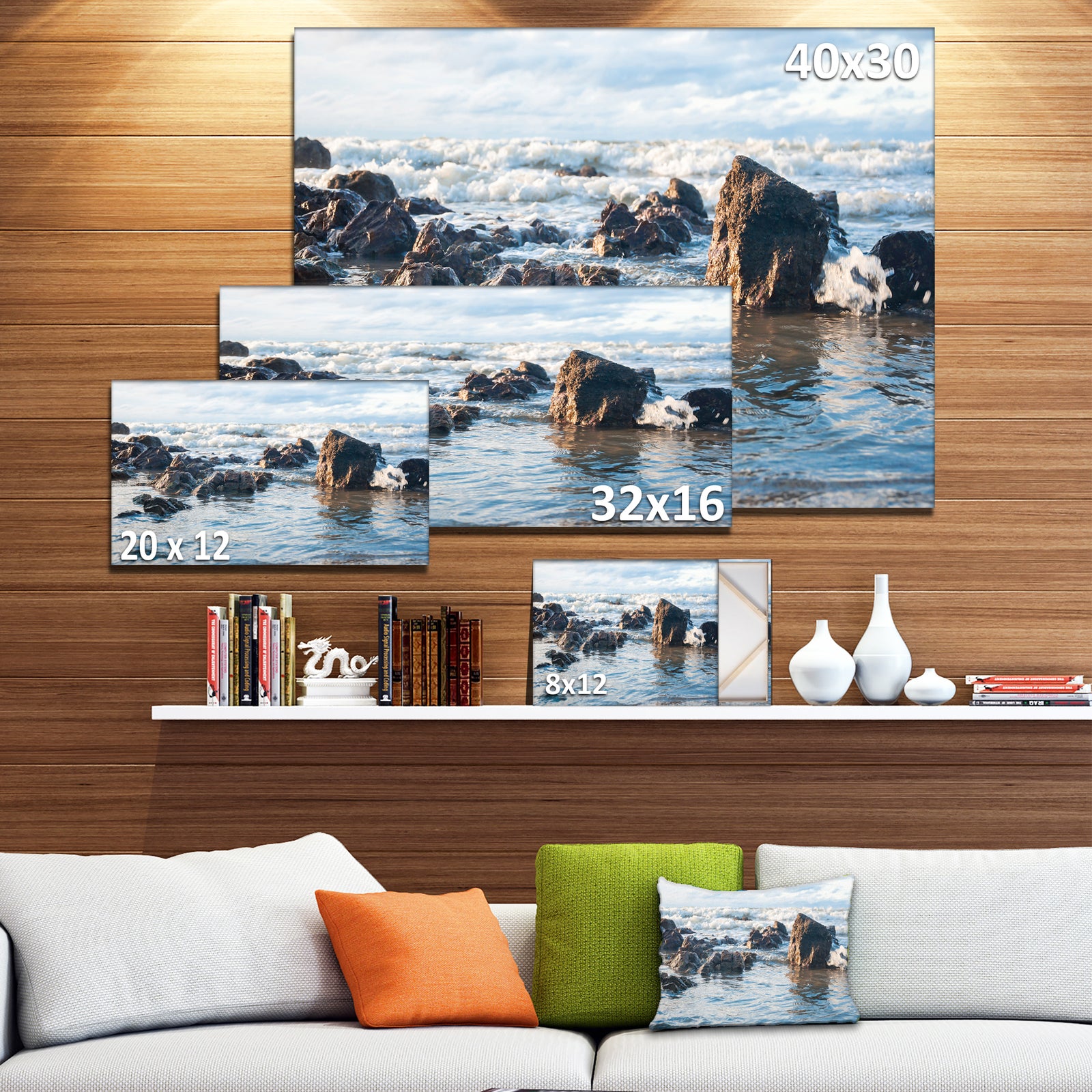 Sea Foam in Empty Rocky Seaside - Large Seascape Art Canvas Print
