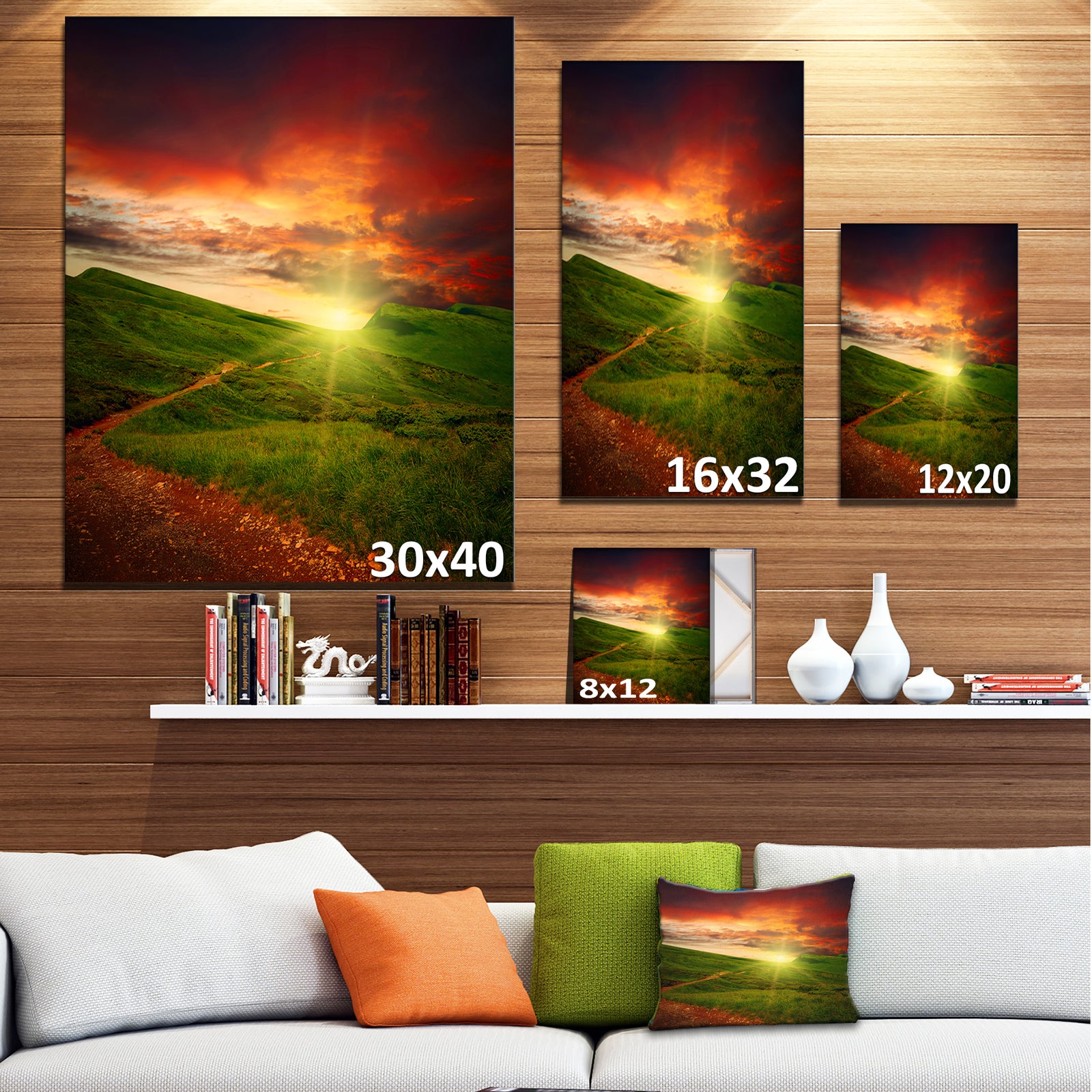 Majestic Sunset and Path in Meadow - Landscape Artwork Canvas