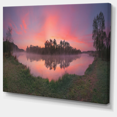 Purple Tinged Lake Sunrise View - Landscape Artwork Canvas