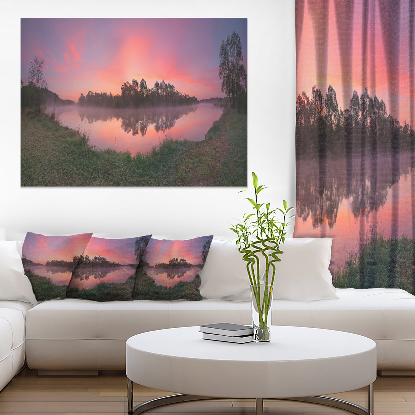 Purple Tinged Lake Sunrise View - Landscape Artwork Canvas