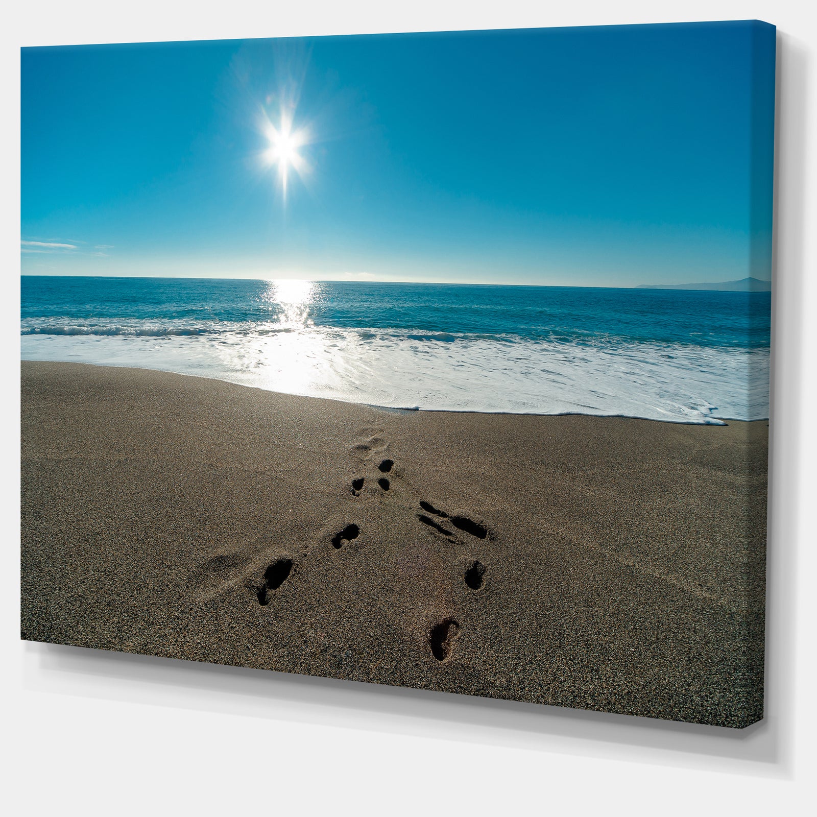 Blue Sea and Footprints in Sand - Large Seascape Art Canvas Print