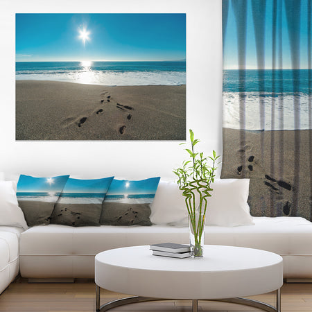Blue Sea and Footprints in Sand - Large Seascape Art Canvas Print