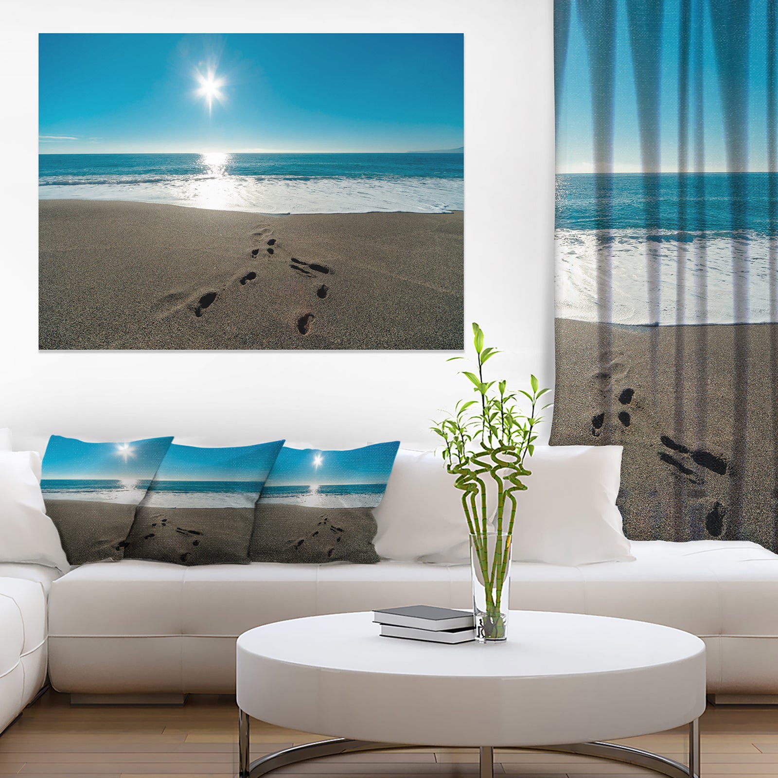 Blue Sea and Footprints in Sand - Large Seascape Art Canvas Print