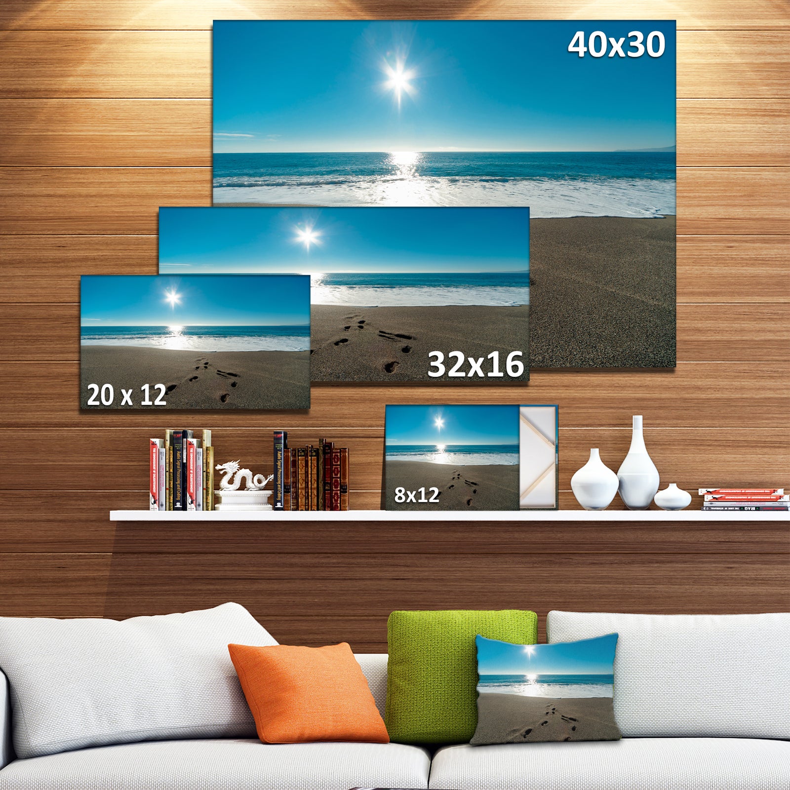 Blue Sea and Footprints in Sand - Large Seascape Art Canvas Print