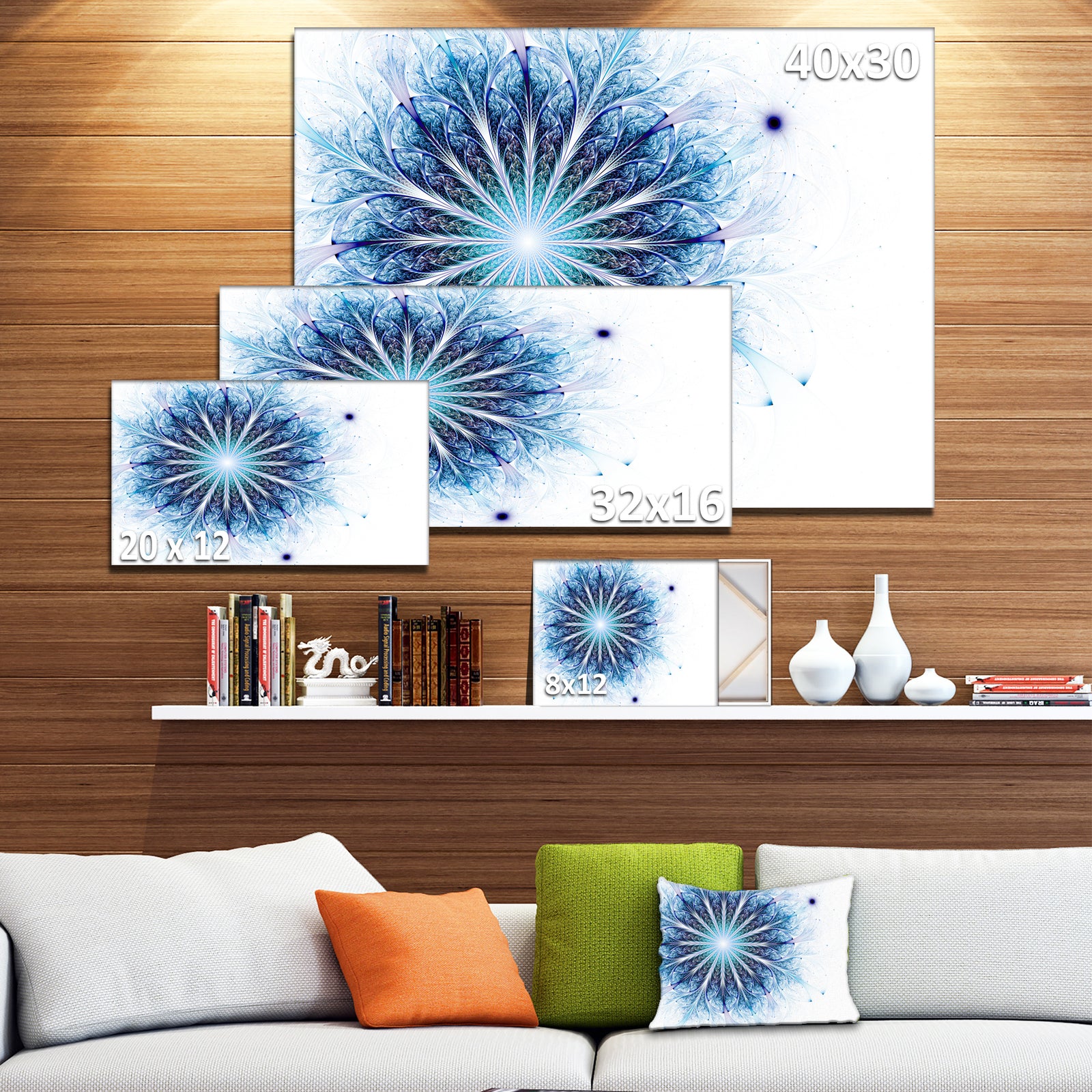 Fractal Flower Light Blue Digital Art - Large Flower Canvas Wall Art
