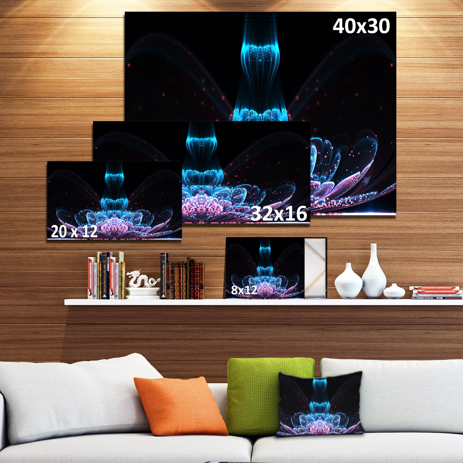 Fractal Flower Blue Purple Digital Art - Large Floral Canvas Art Print