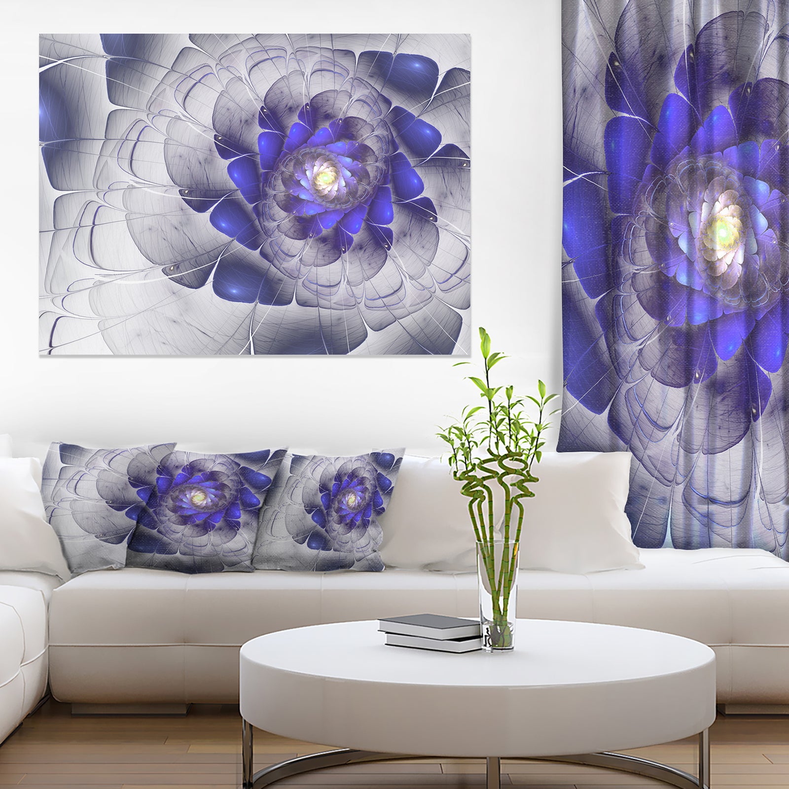Fractal Flower Grey Blue Digital Art - Large Floral Canvas Art Print