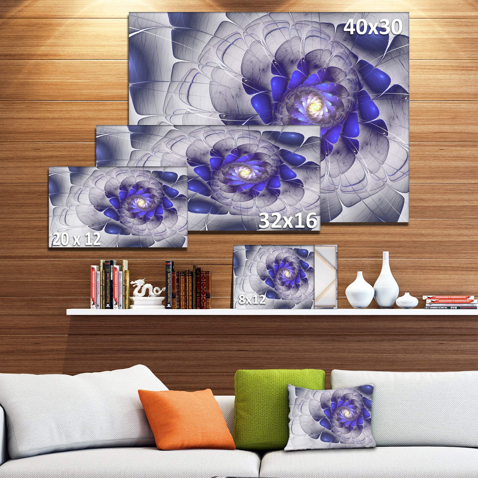 Fractal Flower Grey Blue Digital Art - Large Floral Canvas Art Print