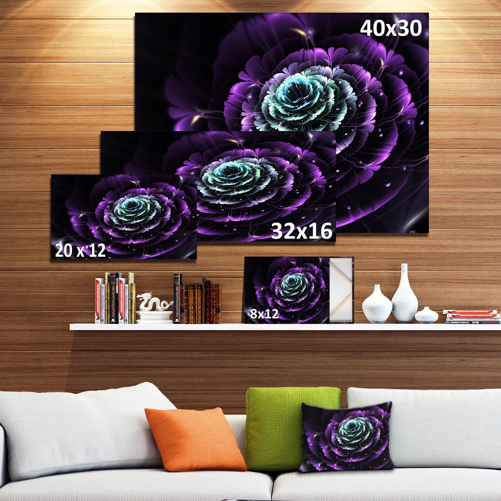 Purple Blue Fractal Flower Digital Art - Large Floral Canvas Art Print