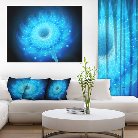 Glowing Blue Fractal Flower on Black - Large Floral Canvas Art Print