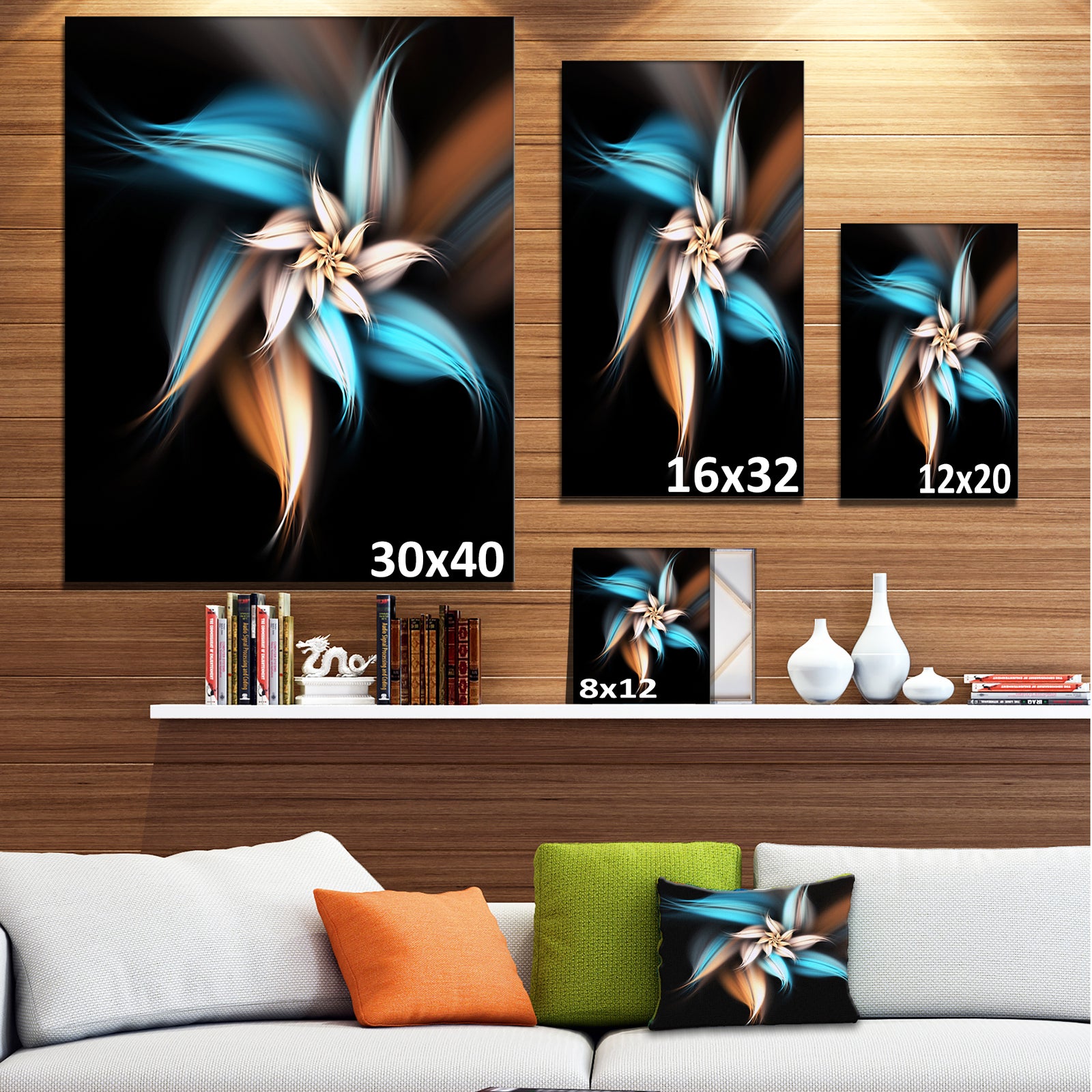 Blue Brown Digital Art Fractal Flower - Large Floral Canvas Art Print