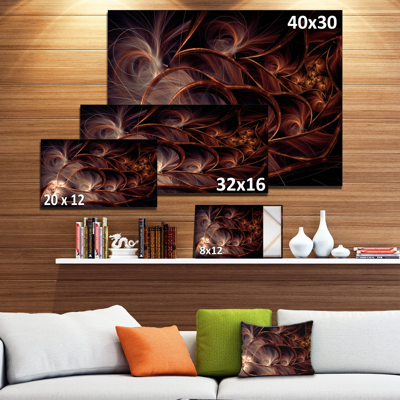 Glittering Brown Fractal Flower on Black - Large Floral Canvas Art Print