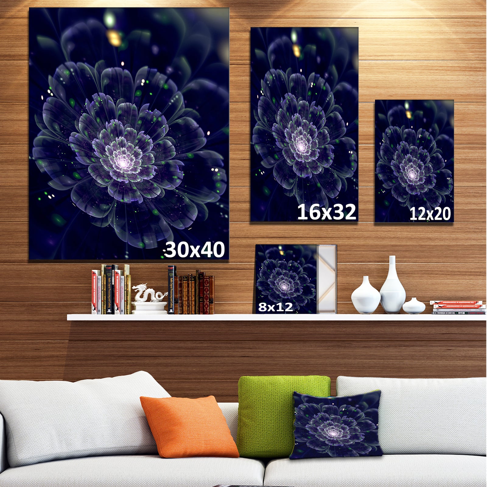 Dark Blue Fractal Flower Digital Art - Large Floral Canvas Art Print
