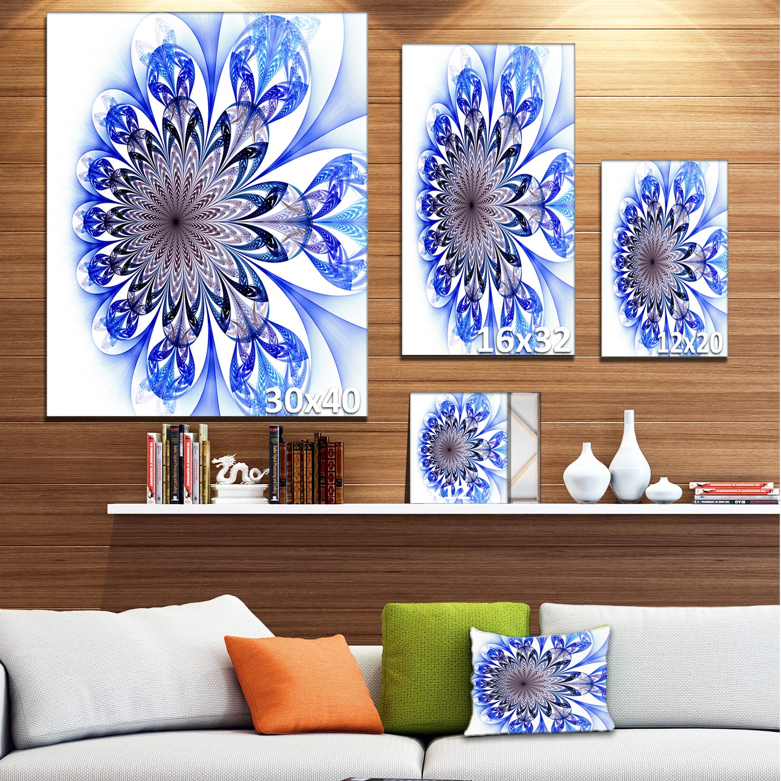 Light Blue Fractal Flower Digital Art - Large Floral Canvas Art Print