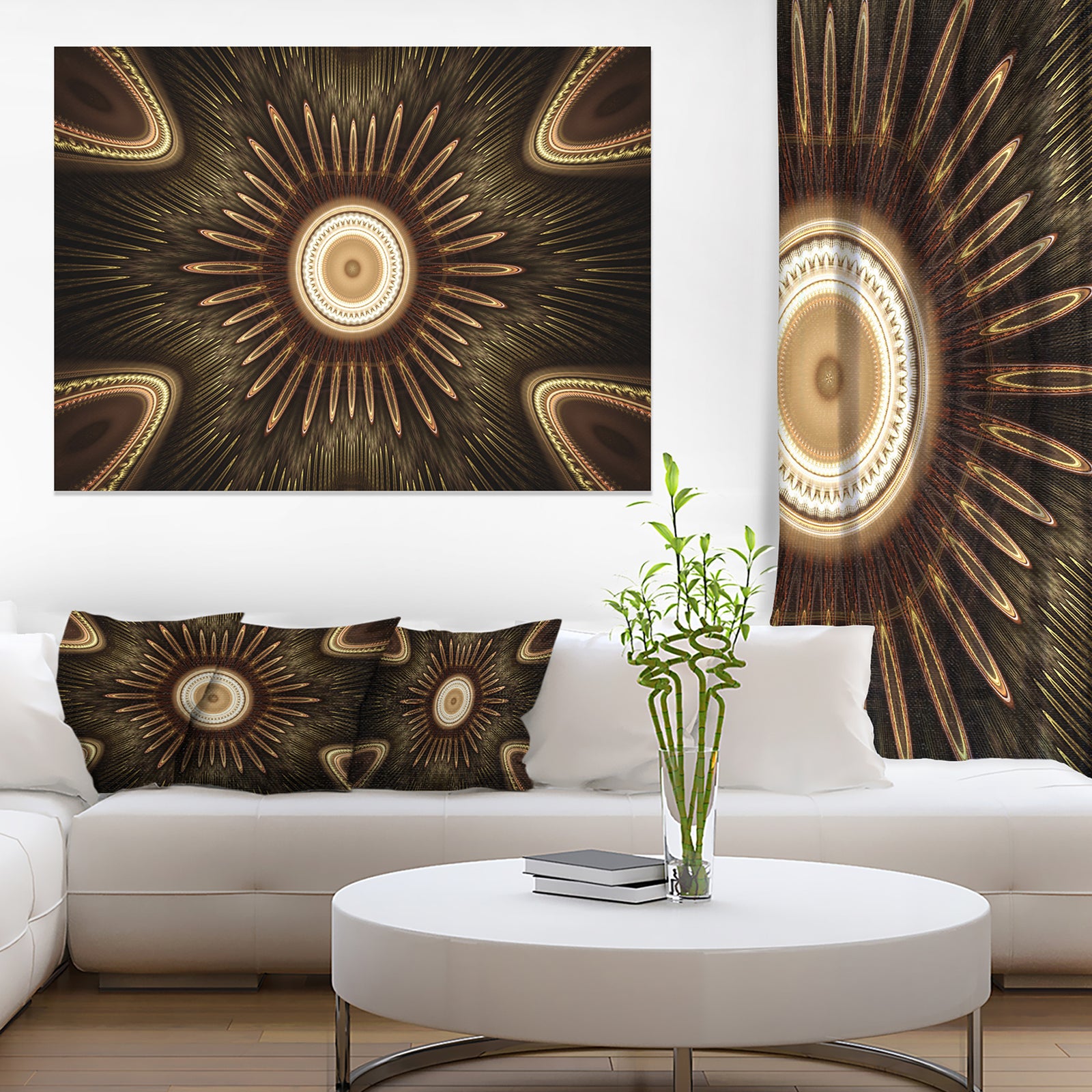 White Brown Rounded Fractal Flower - Large Floral Canvas Art Print
