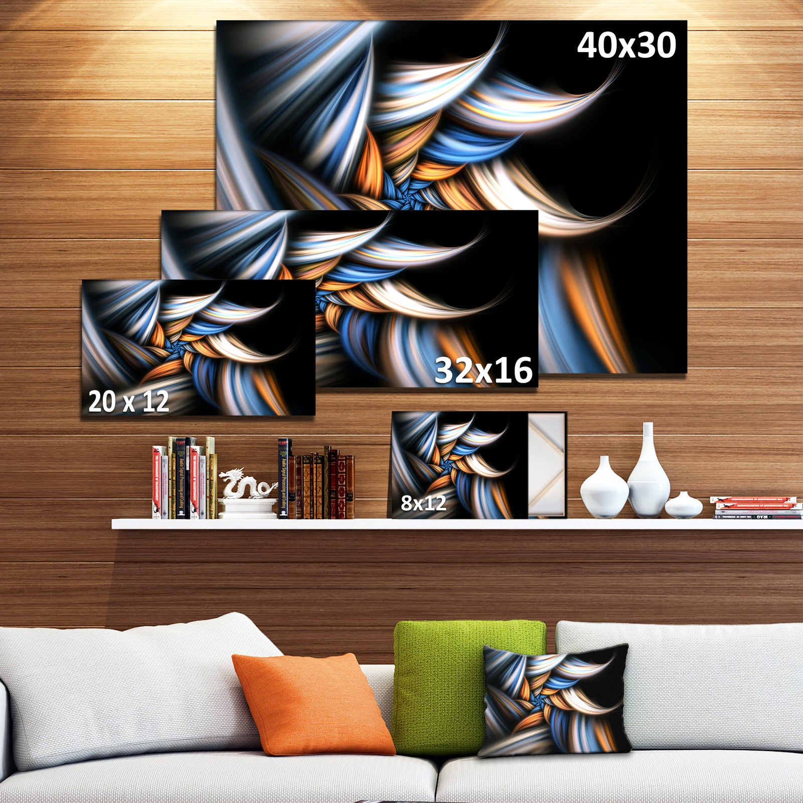 Multi Color Fractal Floral Pattern in Black - Large Floral Canvas Art Print