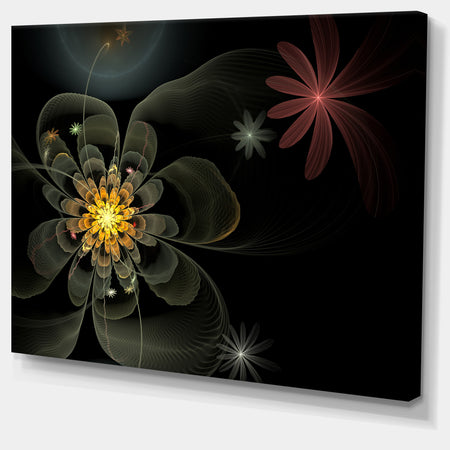 Yellow Small Fractal Flower in Black - Modern Floral Canvas Wall Art