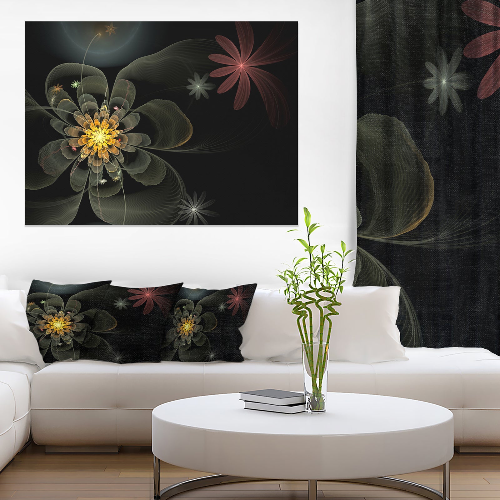 Yellow Small Fractal Flower in Black - Modern Floral Canvas Wall Art