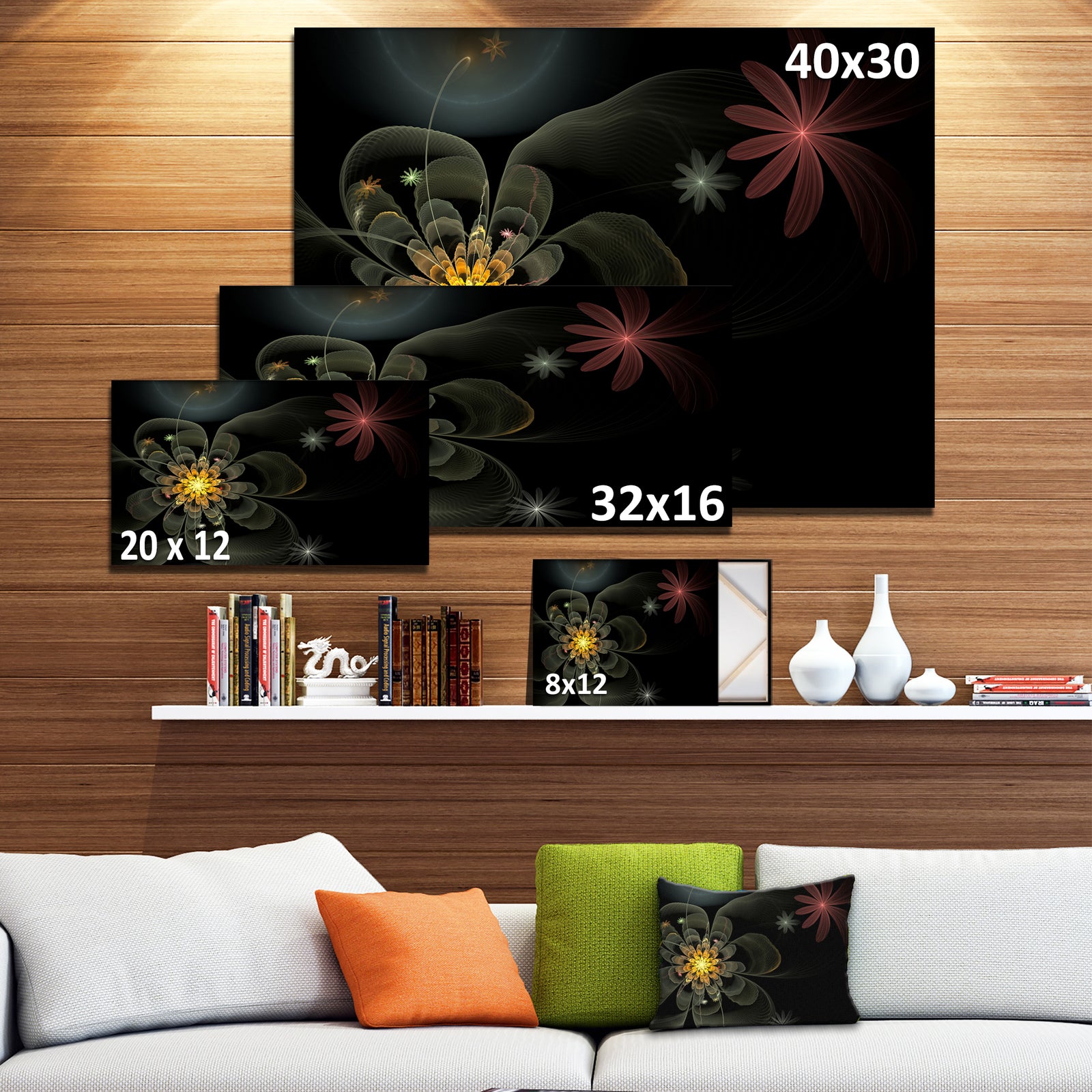 Yellow Small Fractal Flower in Black - Modern Floral Canvas Wall Art